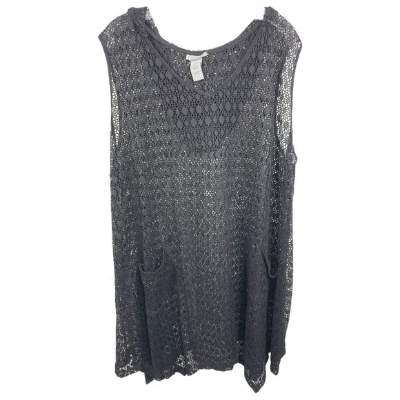 Catherines Plus Size 26W 28W Swim Cover‎ Up 3X Black Lace Hooded Pockets 1471 - Picture 1 of 8